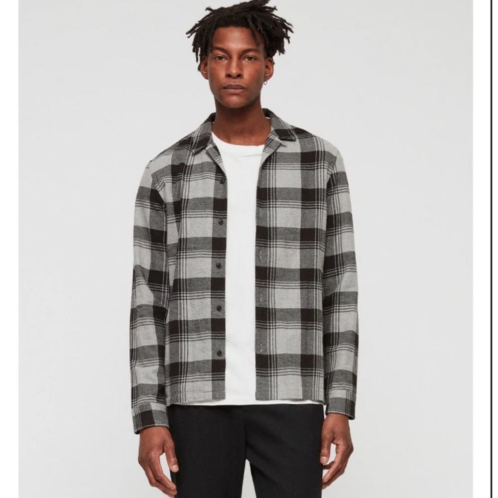 ALL SAINTS DANBY FLANNEL SLIM FIT SHIRT JACKET IN BLACK/ ECRU WHITE